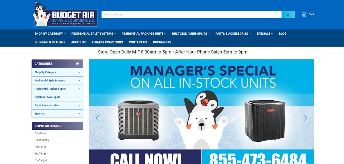 Budget Heating homepage listing its reasons to buy, next to a family playing in a living room with a wall mounted mini split