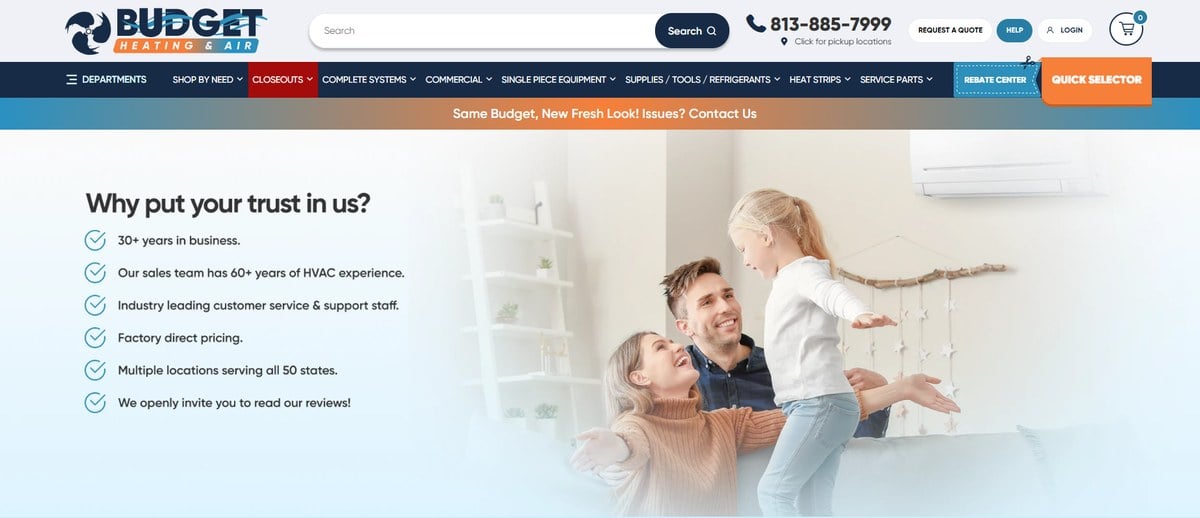 Budget Air Supply homepage with its category menu for split systems and ductless mini splits, and two central air condenser units