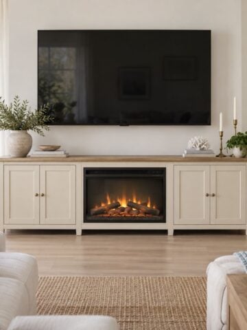 Cream and oak fireplace tv stand styled with coastal decor and candlesticks below a mounted TV