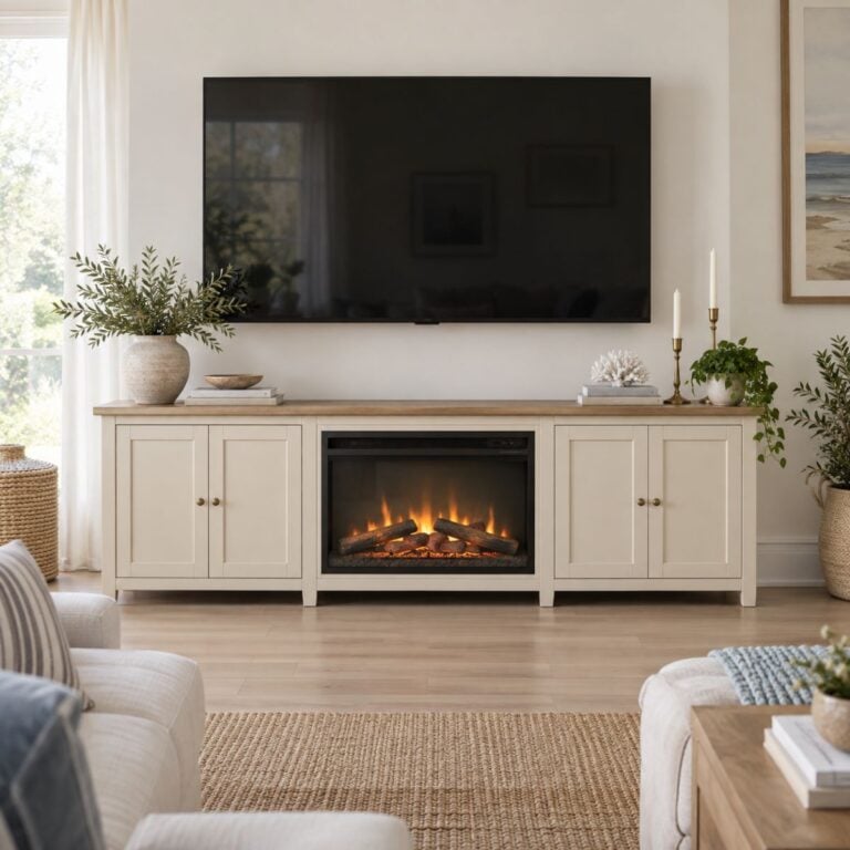 Cream and oak fireplace tv stand styled with coastal decor and candlesticks below a mounted TV