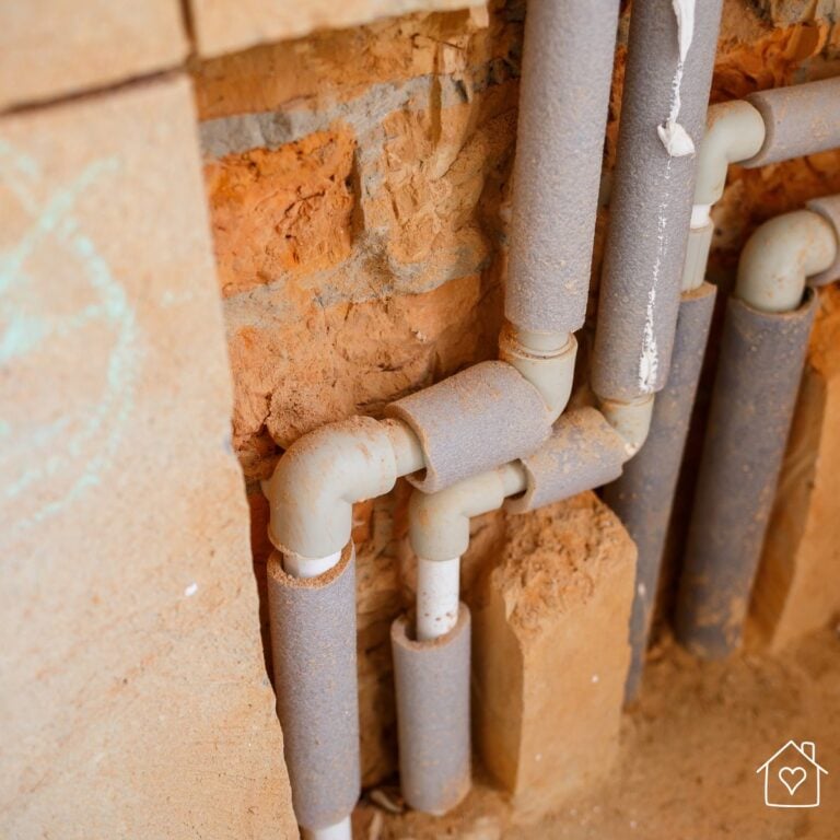 Gray foam insulation sleeves wrapped around exposed water pipes and elbow fittings along a rough brick wall, to help prevent frozen pipes in winter