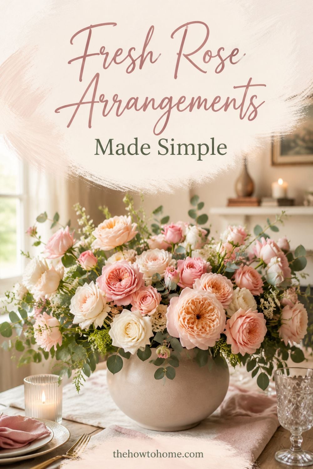 Pinterest pin for fresh rose arrangements made simple, featuring a pink and white rose centerpiece on a set table