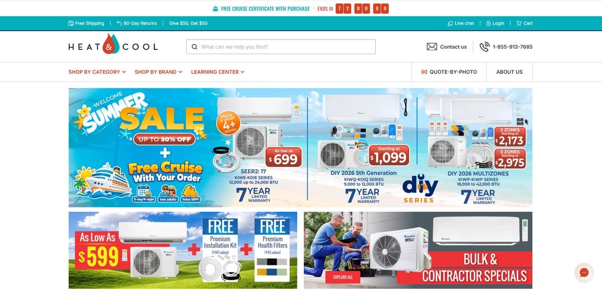 Heat and Cool homepage showing DIY ductless mini split systems and single and multi zone kits