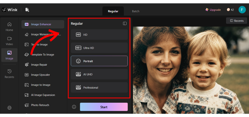 Before and after comparison showing a restored old photo with sharper detail after upscaling