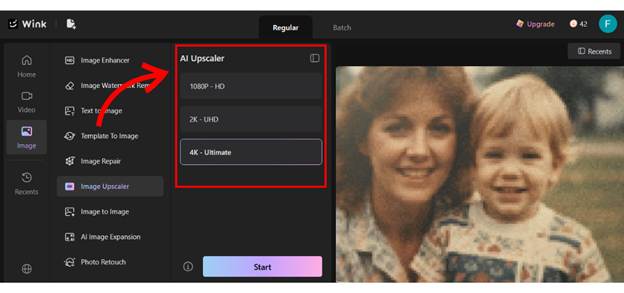 Selecting output resolution before upscaling an old family photo in Wink