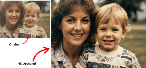 Before and after comparison showing a restored old photo with sharper detail after upscaling