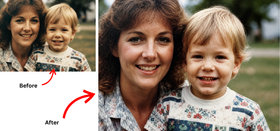 Side by side before and after of an old family photo with restored color and skin tone