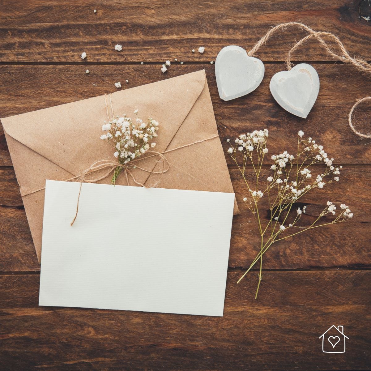 beautiful and simple invitation with off white paper and brown envelope surrounded by baby breath