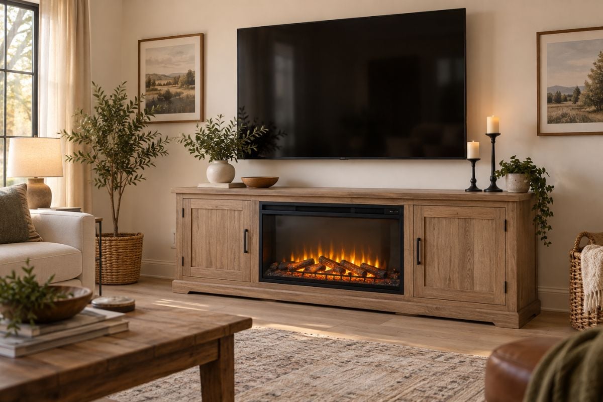 Light oak TV stand with fireplace below a wall mounted television in a neutral modern farmhouse living room