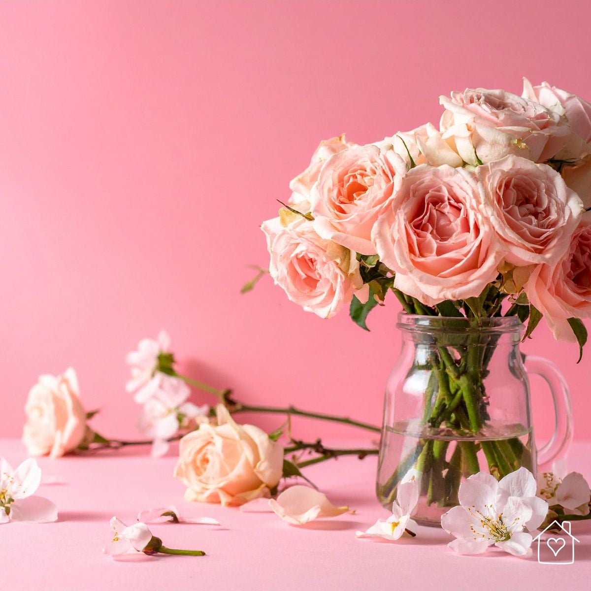 Pink rose arrangement in a small glass jar styled with scattered petals on a pink background