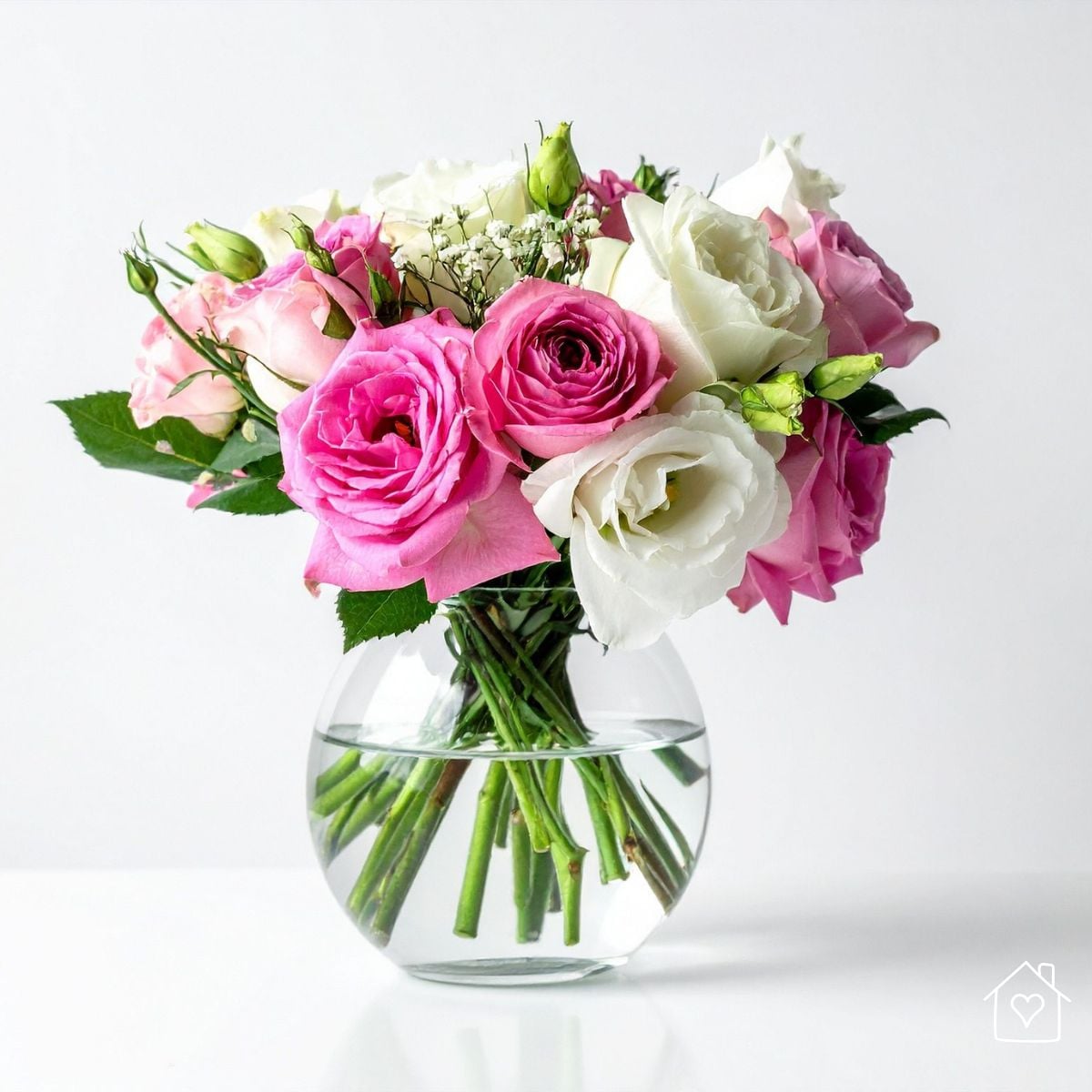 Pink and white rose arrangement with baby's breath in a round glass vase