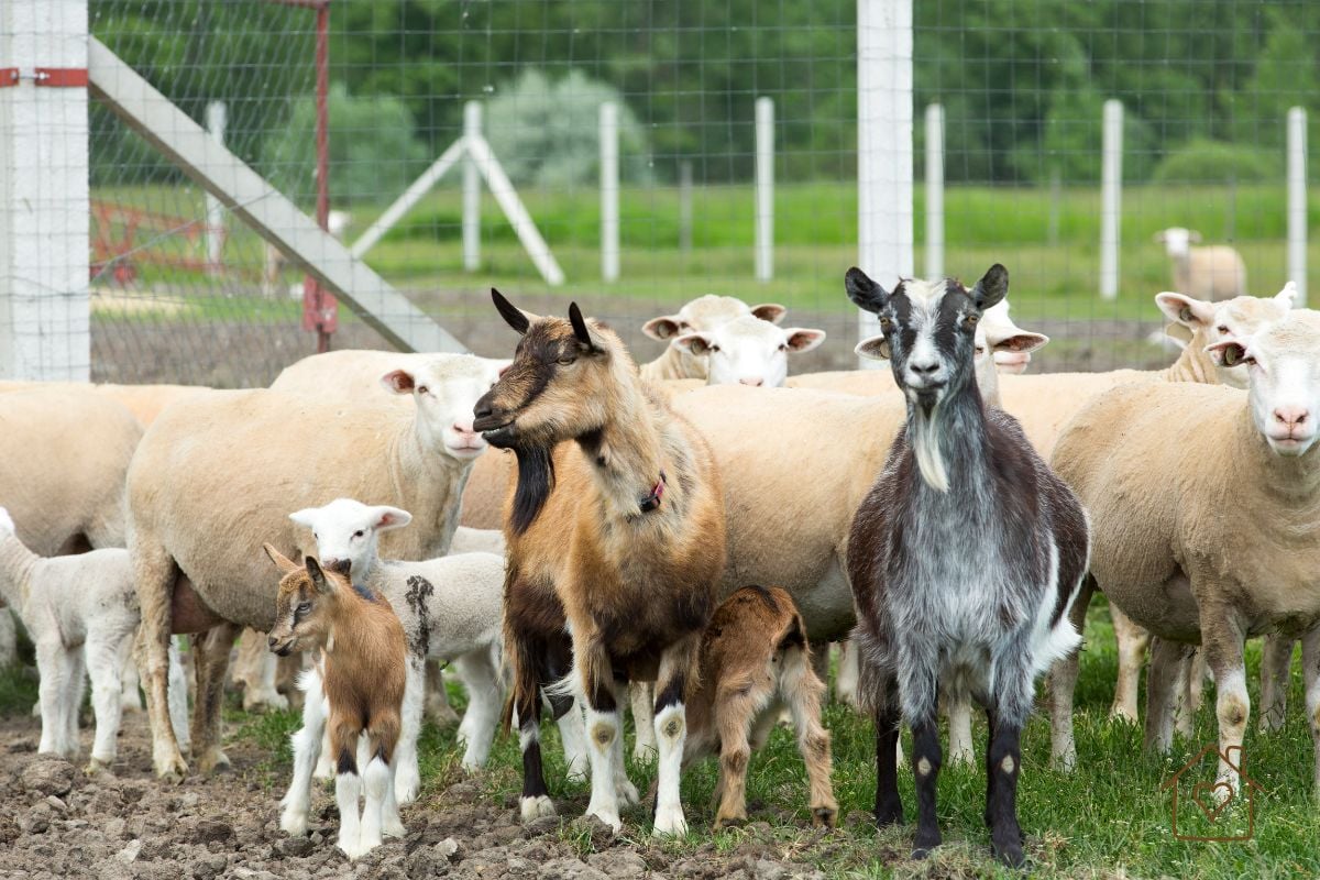 A small flock of sheep and goats, including lambs and a kid, gathered near a wire fence and gate on a small acreage pasture