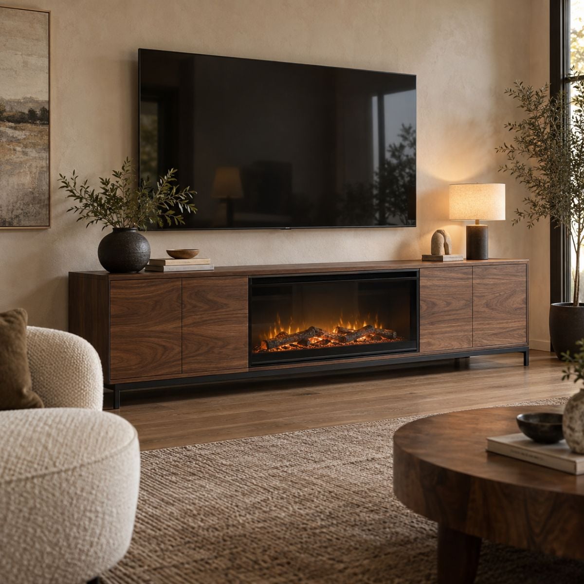 Walnut mid century modern fireplace tv stand with a wall mounted TV in a warm living room