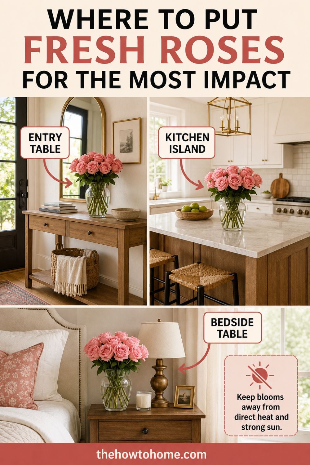 Pinterest graphic showing the best spots to place fresh roses, including entry table, kitchen island, and bedside table