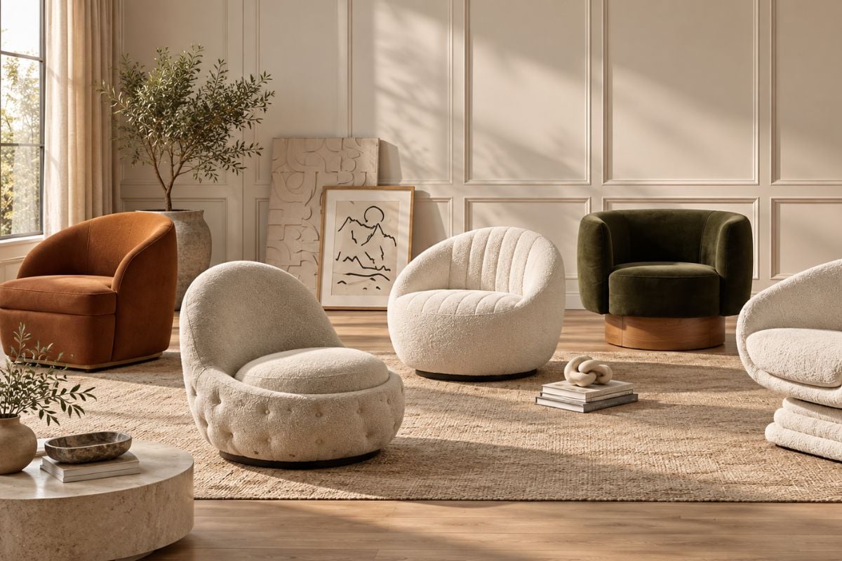 Five accent chairs in cream, rust leather and dark green velvet grouped in front of a paneled wall