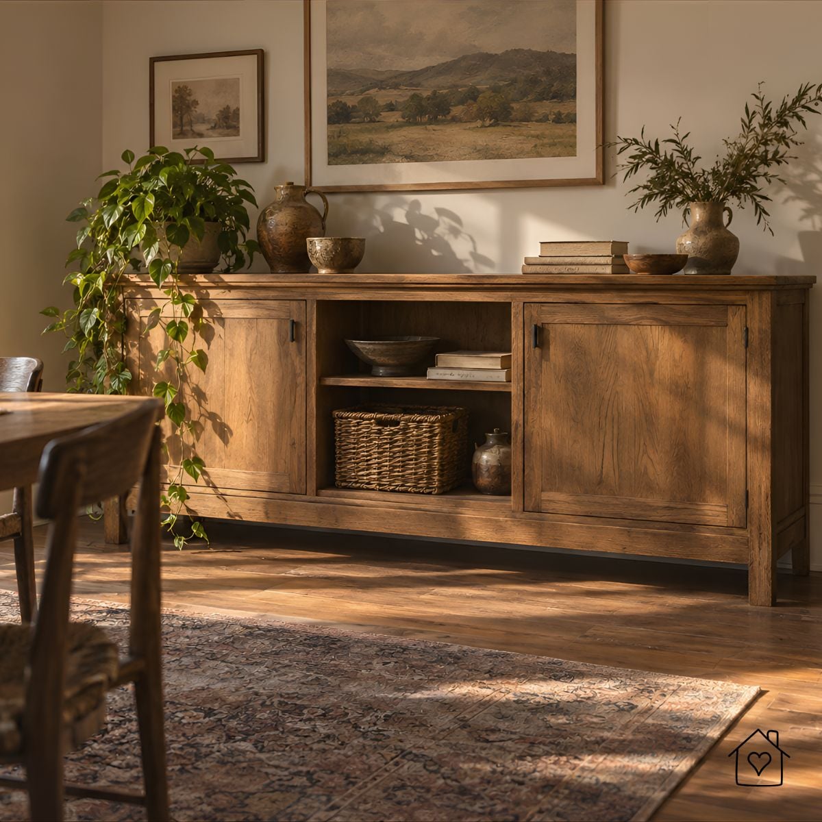 Cozy room with a wooden sideboard, framed landscape artwork, decorative plants, and a patterned rug.