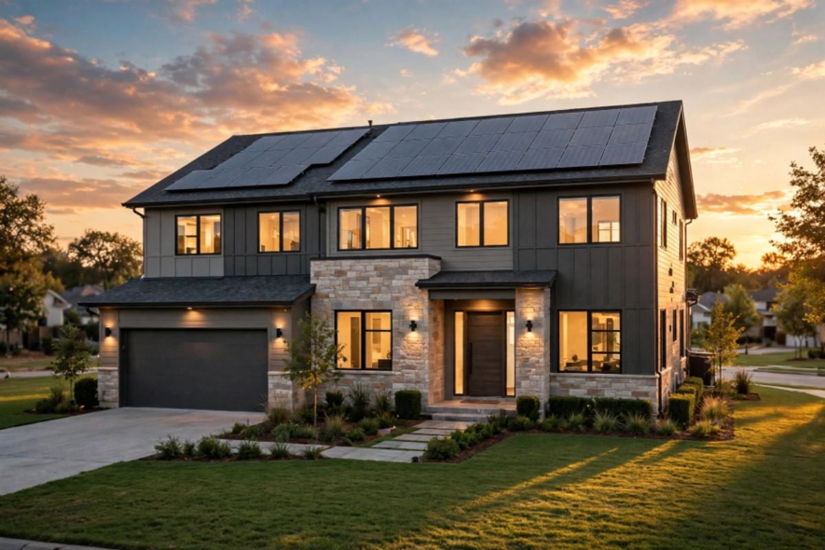 Suburban home with rooftop solar panels at sunset, backed up by a home battery for nighttime essentials