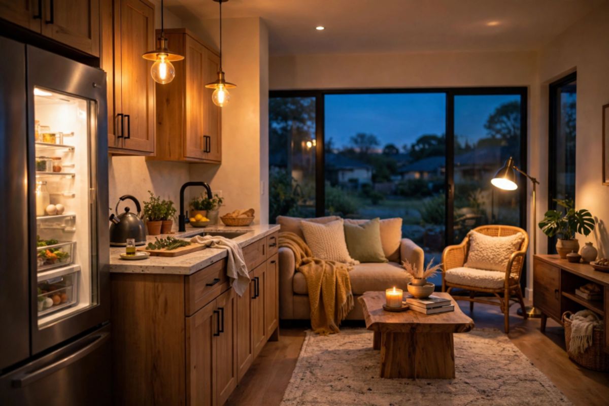 Warmly lit home interior in the evening with lights and appliances running on battery backup