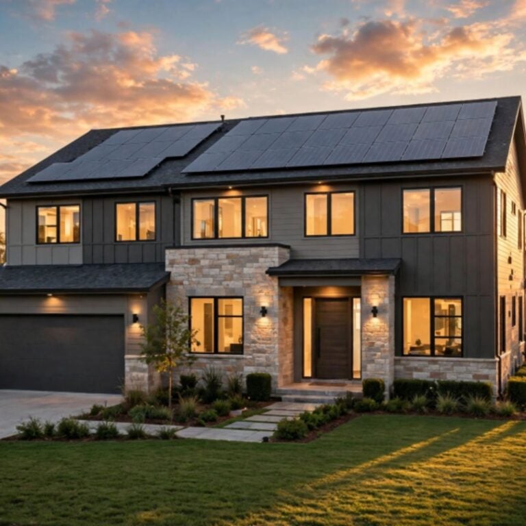 well lit house with solar panels