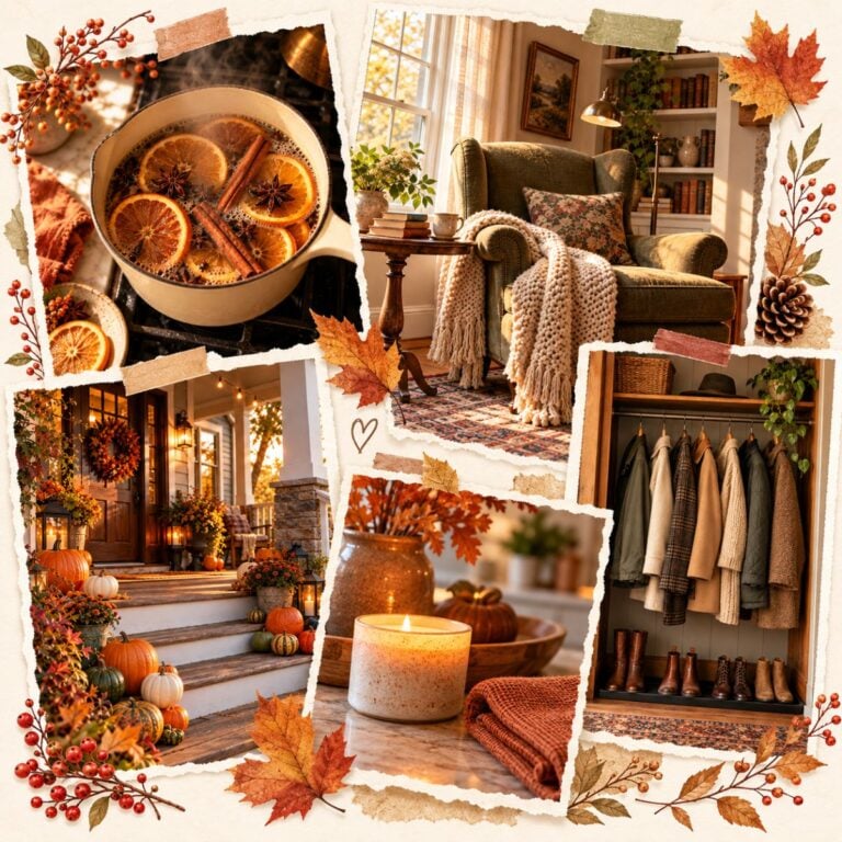 Square scrapbook collage of fall photos including a simmer pot, reading nook, candle, and entryway closet
