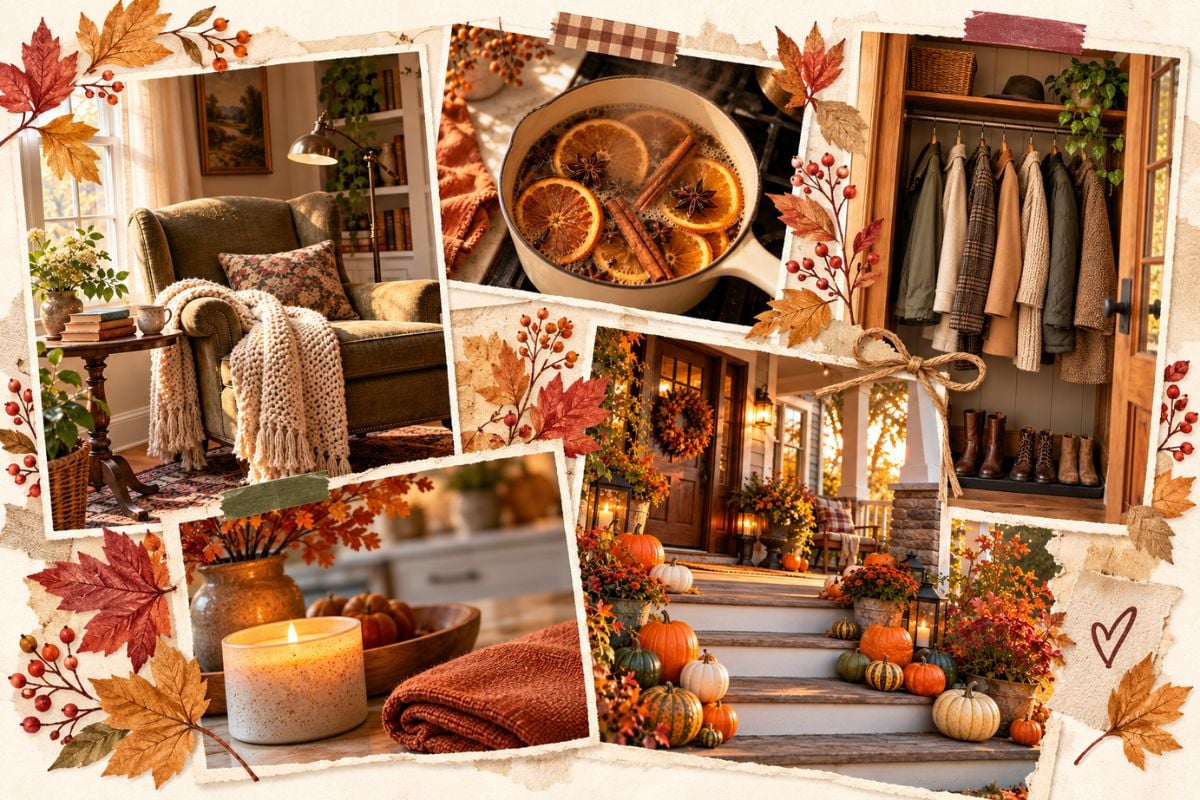 Scrapbook style collage of fall photos including a simmer pot, cozy reading nook, entryway closet, and pumpkin porch