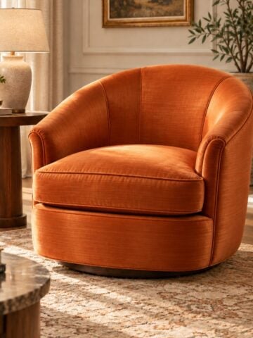 rust orange velvet barrel chair on brass casters in a traditional sitting room