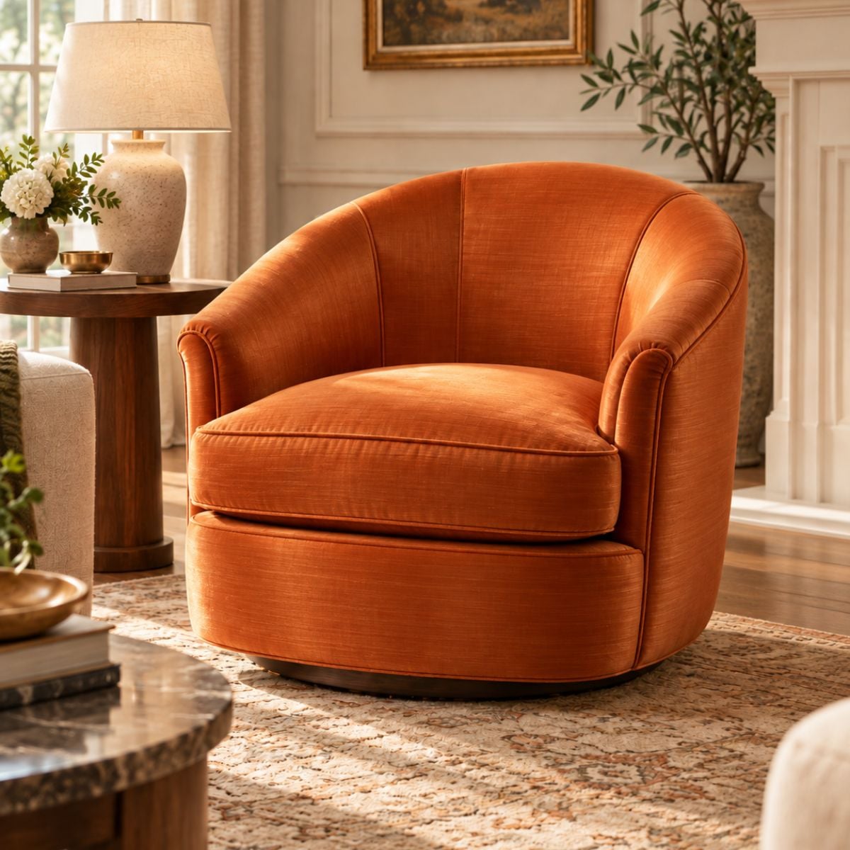 rust orange velvet barrel chair on brass casters in a traditional sitting room
