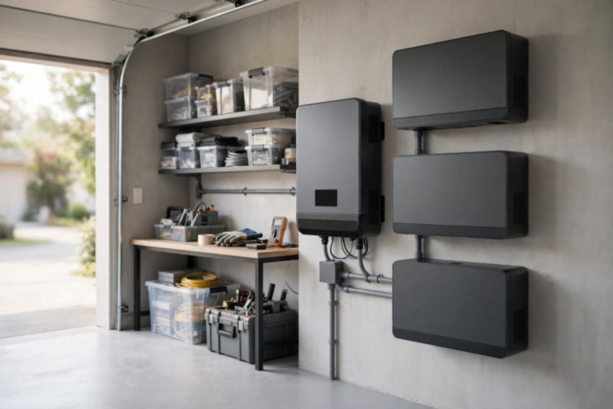Wall-mounted residential battery storage units and hybrid inverter installed in a home garage