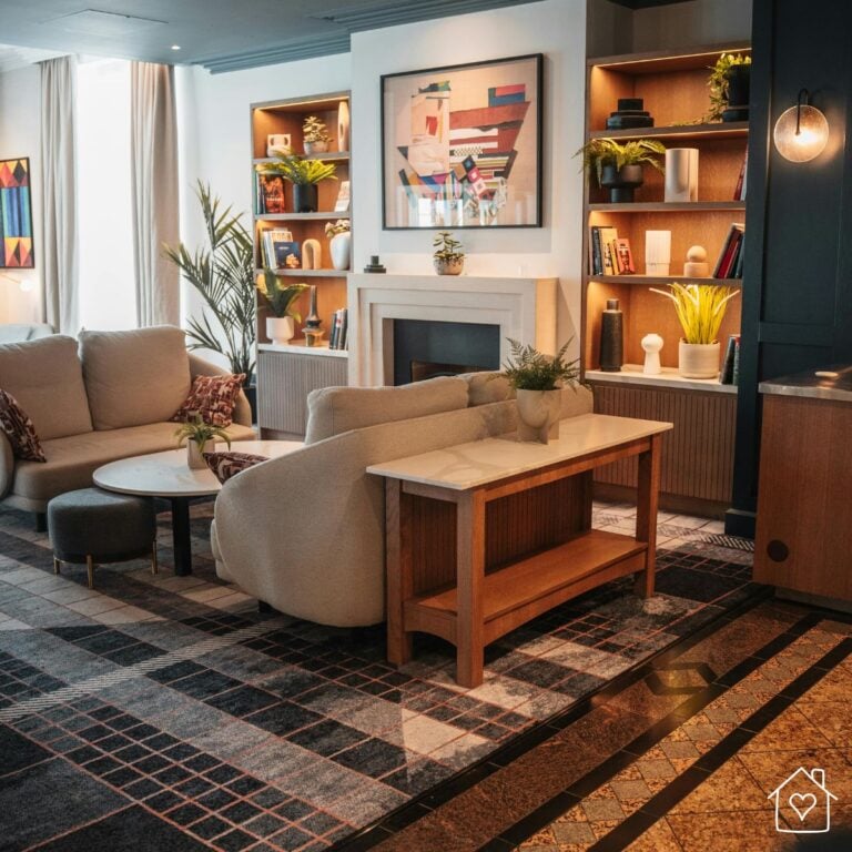 Cozy living room with warm lights built into the wooden bookshelves, a glowing wall sconce, curved cream sofas, and colorful art above a white fireplace