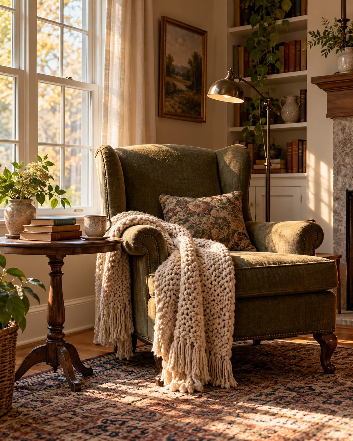 Cozy reading nook with a chunky knit throw blanket draped over a green armchair