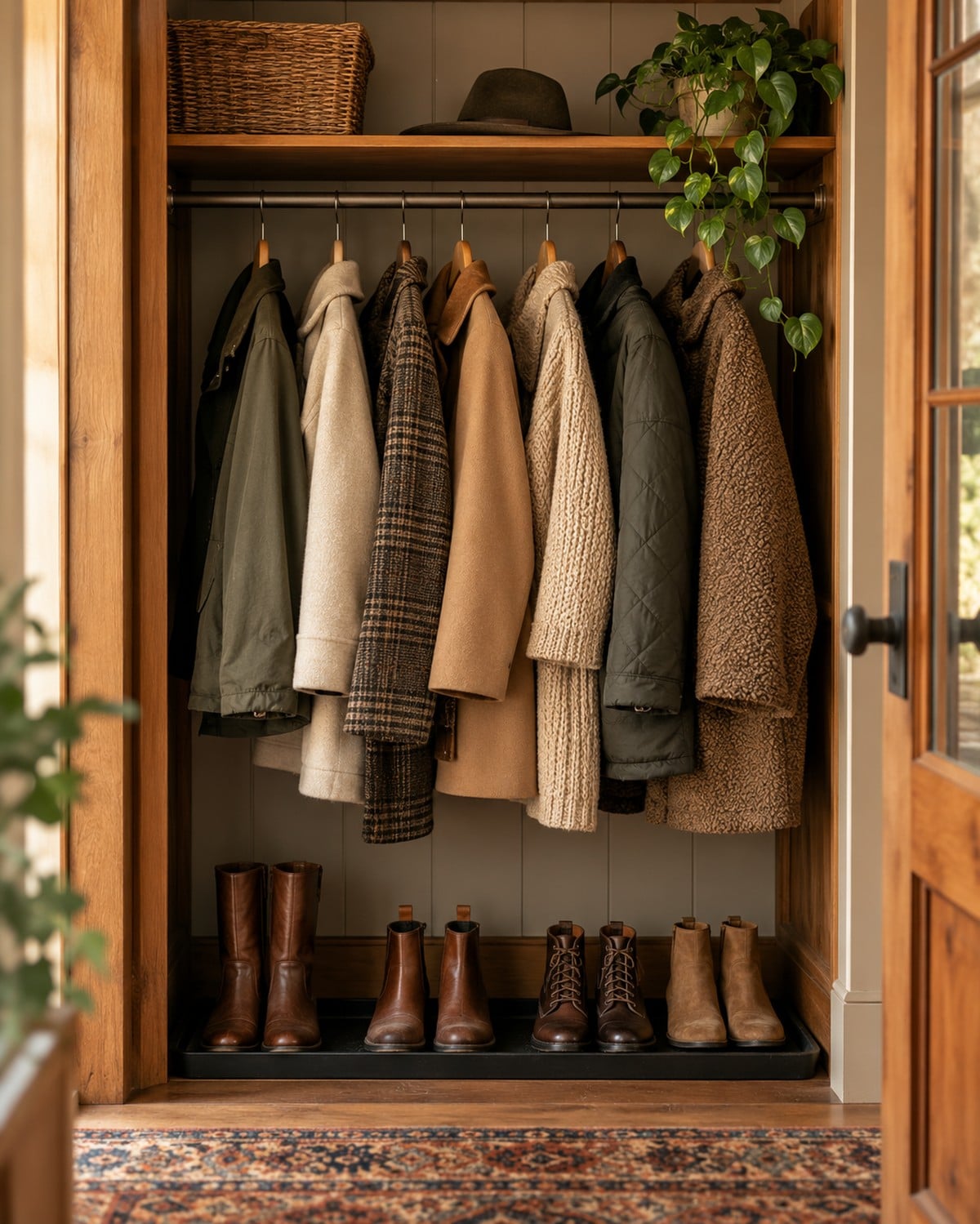 Organized entryway closet with hanging coats and a boot tray lined with fall boots