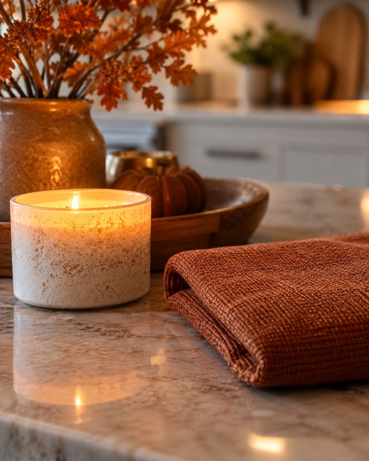 Lit fall candle on a kitchen counter next to a folded rust colored pillow cover