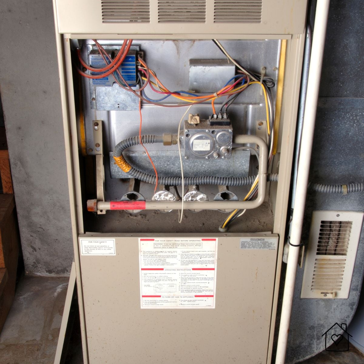 Gas furnace with the front access panel removed, showing the burners, gas valve, ignition control and wiring a technician checks during a tune-up