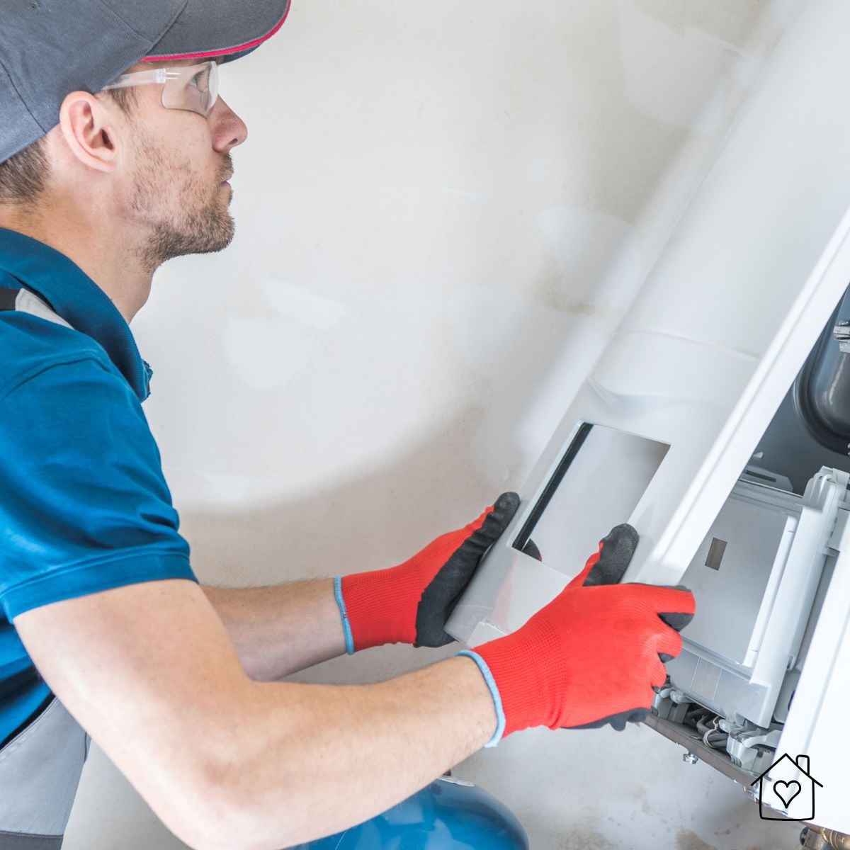 HVAC technician in safety glasses and work gloves removing an access panel on a heating unit during a maintenance visit
