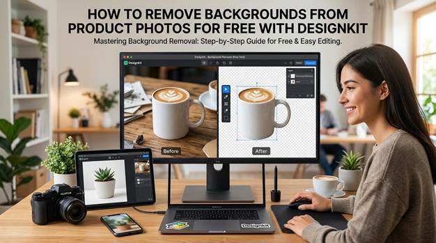 Before and after of a coffee mug photo with the background removed using Designkit's free background remover