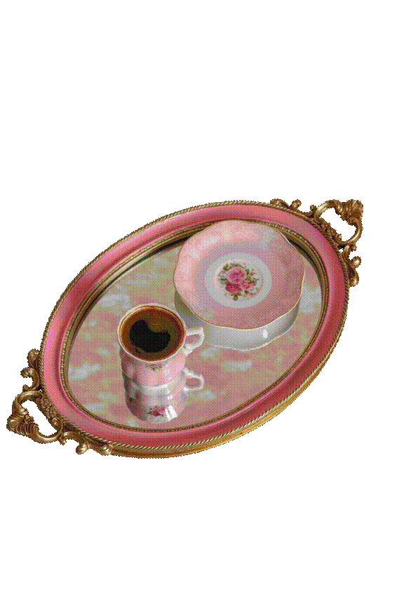 Pink and gold decorative tray with the background removed, gaps around the handles cut out