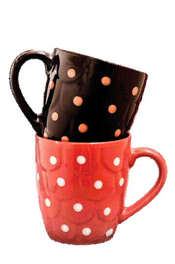 Stacked polka-dot mugs with the background removed, including the space inside the handles