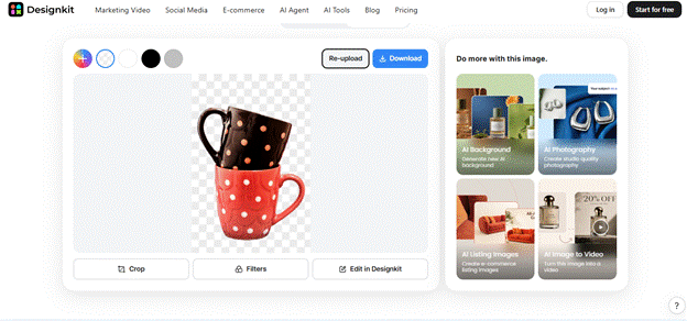 Designkit screen showing the stacked polka-dot mugs cut out on a transparent background