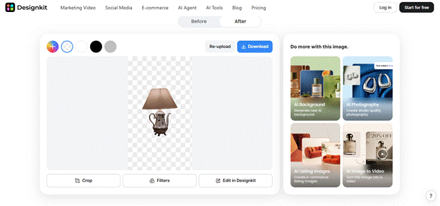 Designkit screen showing the ceramic lamp cut out on a transparent background