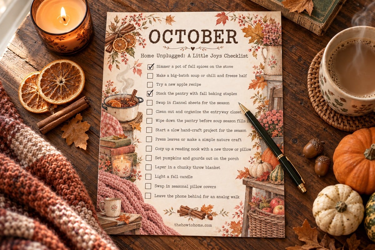 October Home Unplugged checklist printable on a coffee table