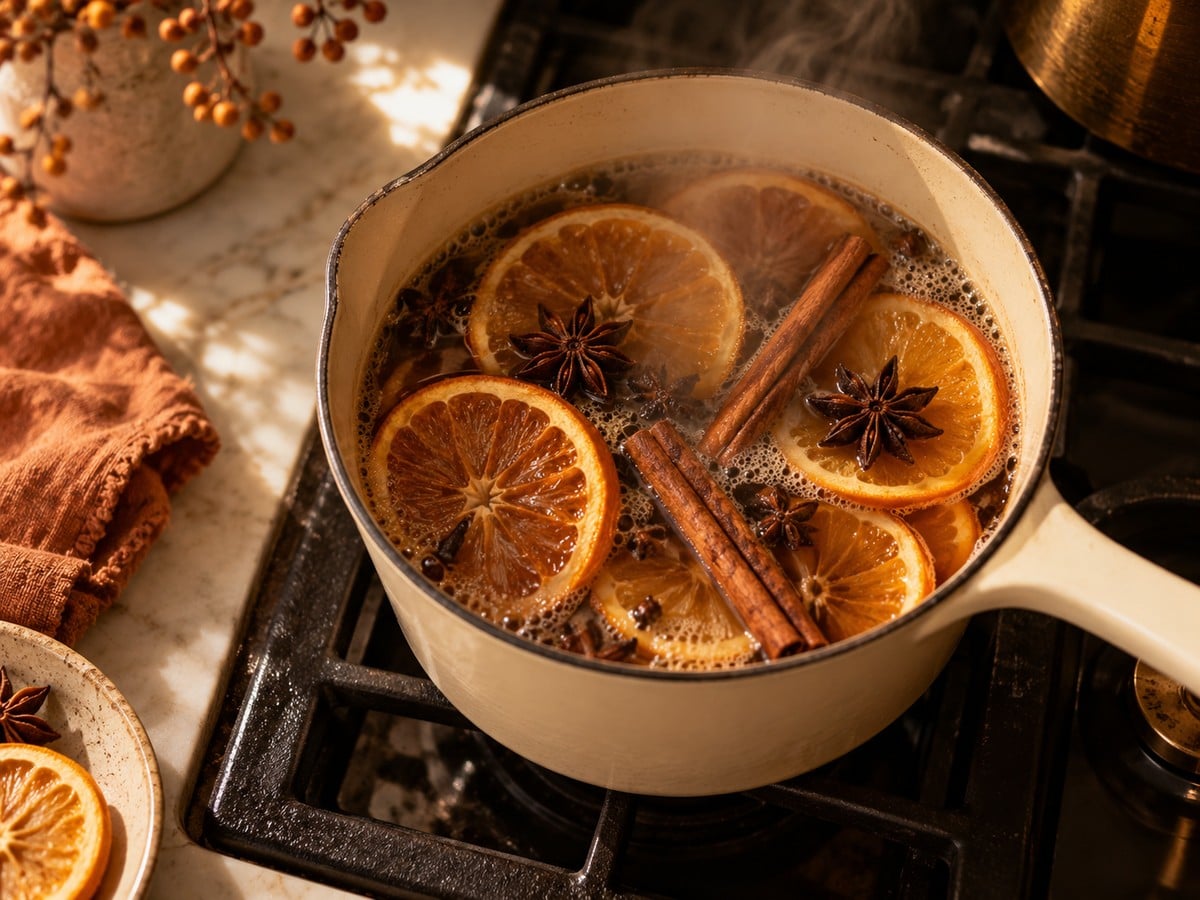 Simmer pot with dried orange slices, cinnamon sticks, and star anise steaming on the stovetop